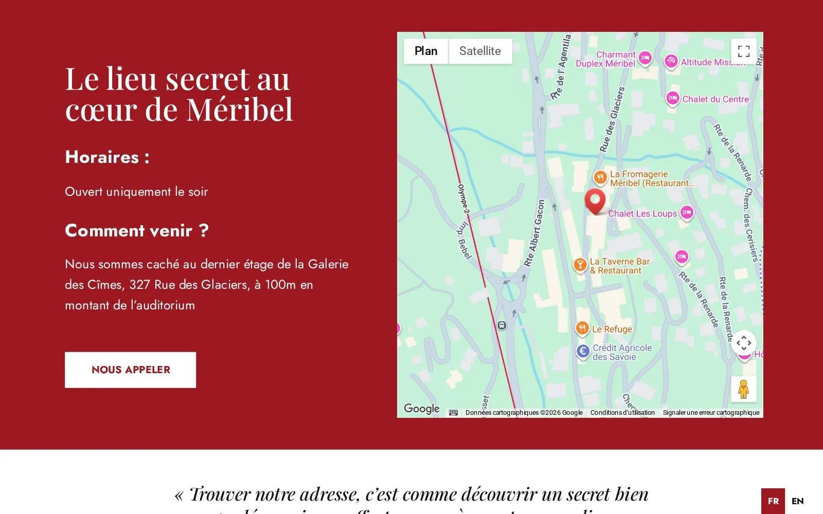 Section « Le lieu secret au cœur de Méribel » : horaires, itinéraire et plan intégré.