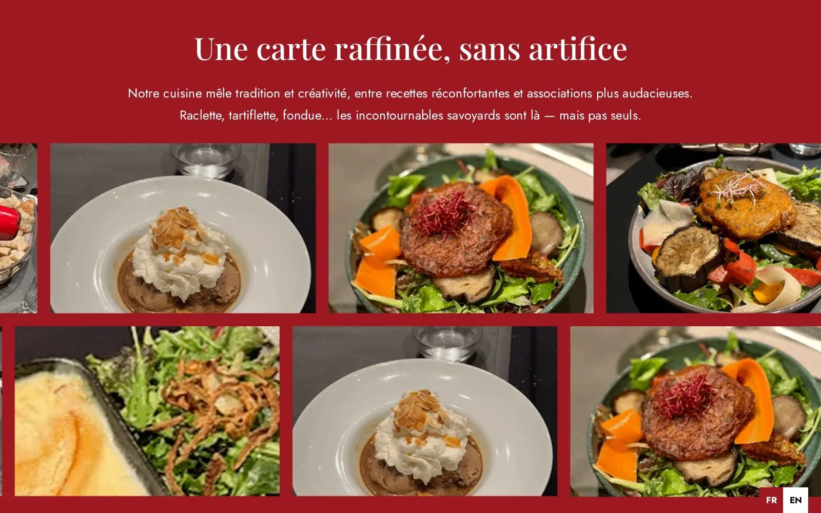 Section « Une carte raffinée, sans artifice » du site Le Close-Up : texte sur fond rouge et grille de photos de plats.