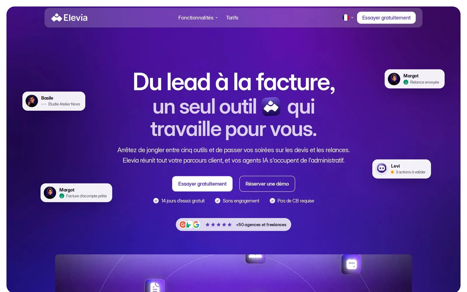 Page d'accueil d'Elevia : « Du lead à la facture, un seul outil qui travaille pour vous ».